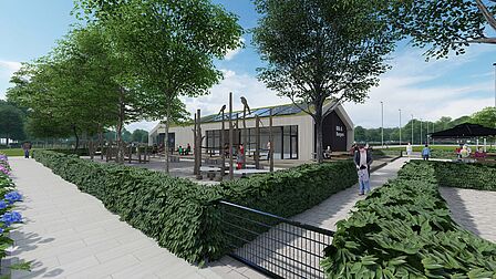 Illustratie van de noordoostzijde van het nieuwe paviljoen met de speeltuin met zicht op het gebouw “Blik & Burgers”. Op de voorgrond is een groen plein met speelelementen van hout en zitplekken, omringd door hagen en bomen. Mensen wandelen en zitten op banken; op de achtergrond is een terras zichtbaar.