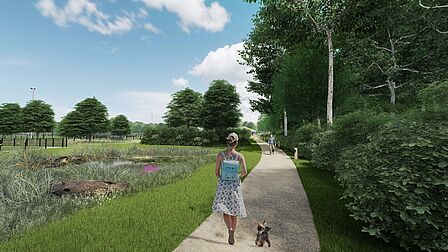 Illustratie van een wandelpad in Blikkenburg West. Een vrouw met rugzak en een klein hondje loopt richting een bosrijk deel; links van het pad ligt een vijver met bloemen, riet en een boomstam. Rechts is dicht struikgewas, links zijn open grasvelden met sportvelden op de achtergrond.
