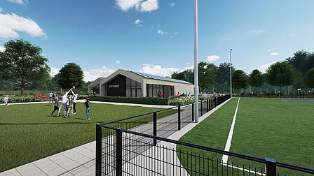 Illustratie van de westzijde van het nieuw te bouwen paviljoen in Sportpark Blikkenburg. Op de voorgrond spelen kinderen met een bal, rechts ligt een korfbalveld en op de achtergrond staat het clubgebouw van CKV RDZ met zonnepanelen op het dak.