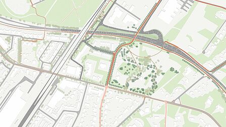 Kaartbeeld van de geoptimaliseerde Drietaksvariant voor Den Dolder Zuid, met nieuwe fiets- en voetgangersverbinding over de N238 en gebruik van bestaande wegen.