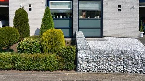 Afbeelding van een groene en stenige tuin 